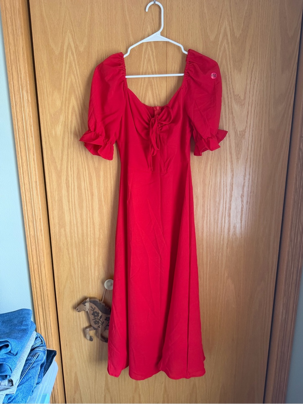 Source Unknown Red Puff-Sleeve Midi Dress with Front Tie